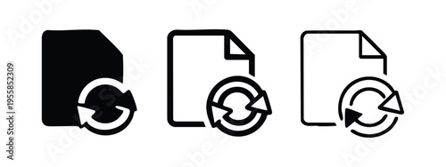 File Refresh and Synchronize Icon Set. Document update and reload vector symbols in various styles.