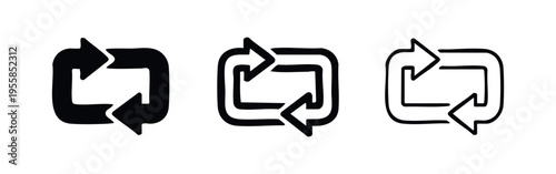 Loop and Refresh Square Arrow Icons. Recycle and repeat cycle vector symbols in a rectangular shape.