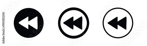 Rewind Media Control Icon Set. Fast backward player buttons in solid and outline circular designs.