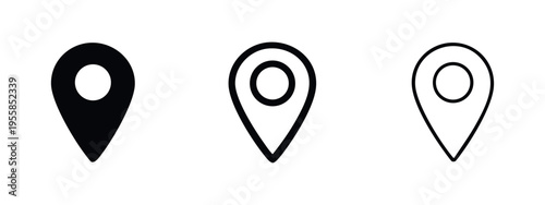 Location Map Pin Icon Set. GPS pointer vector symbols with a circle inside for precise place marking.