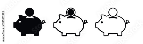 Piggy bank and coin icons set. Financial savings and investment symbol for personal finance and economic growth.
