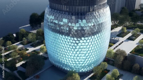 Futuristic building with glowing hexagonal facade