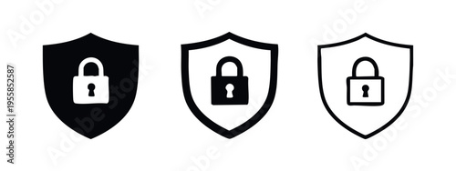Security shield and padlock icon set, vector illustration of protection and privacy symbols in black and white