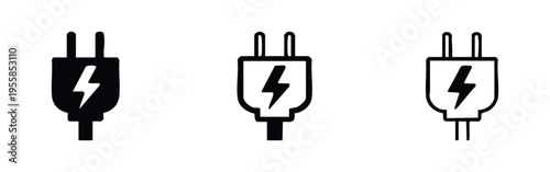 Power cord plug with lightning icon set. Electricity and charging symbols in various styles.