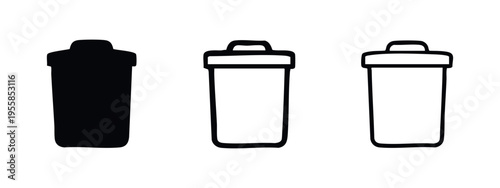 Trash can and garbage bin icon set. Delete and waste symbols in various styles for UI design.