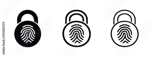 Fingerprint padlock icon set. Biometric security and lock symbols in various styles.