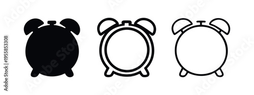 Alarm clock icon set. Time reminder and wake up symbol in different styles.