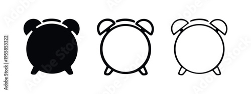Alarm clock icon set. Time reminder and wake up symbol in different styles.