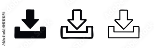 Download icon set. Arrow pointing into a box symbol for data transfer or saving.