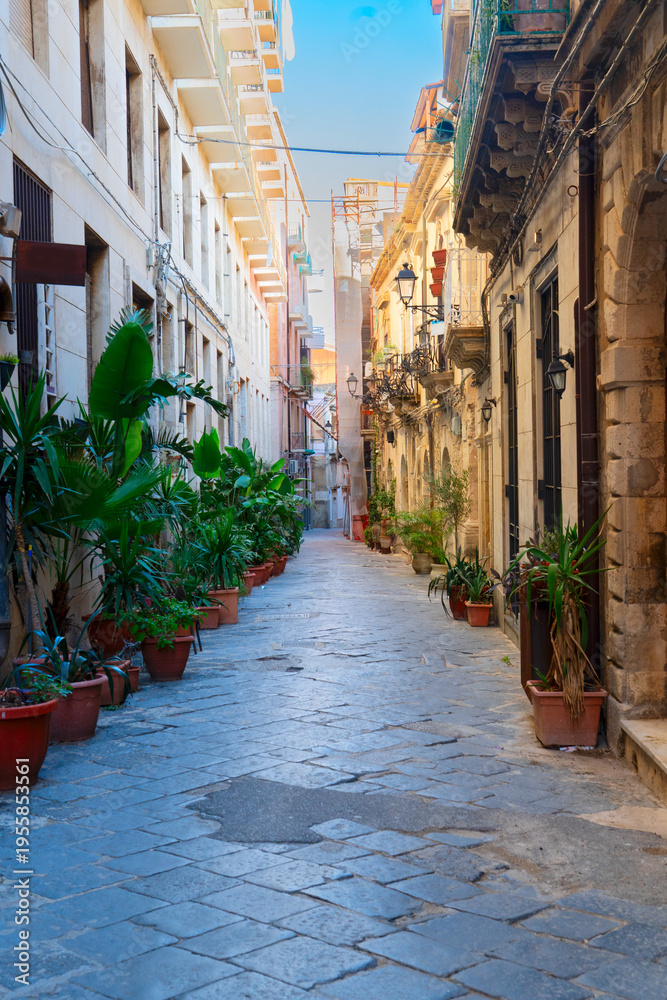 Fototapeta premium Syracuse old medieval town street, Sicily Italy