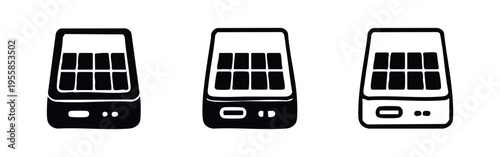 Portable solar charger icon set. Power bank with solar panel symbol.