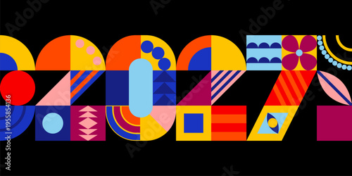 2027 New Year design with abstract geometric pattern. Vintage, retro decorative shapes, bright colors element, tiles on grid. Holiday typography. Vector illustration on black background, backdrop