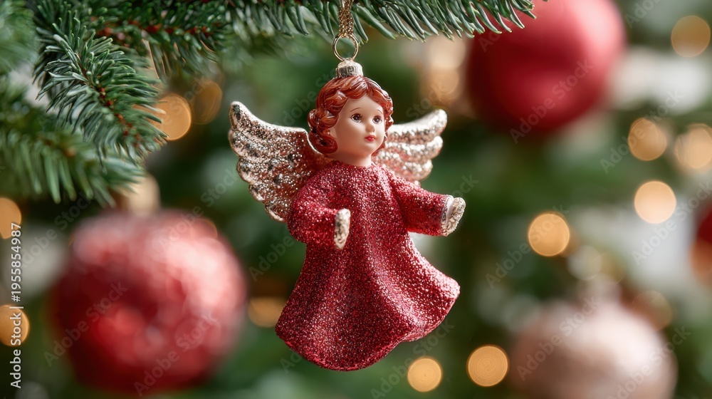 Obraz premium Red angel ornament hangs on a Christmas tree with warm bokeh lights in a cozy holiday setting