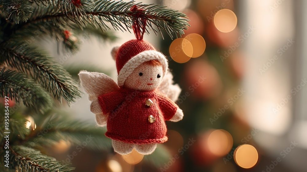 Obraz premium Red angel ornament hangs from Christmas tree branch surrounded by warm festive lights