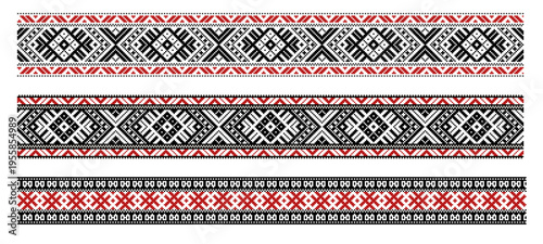 Set of three traditional Estonian ornamental borders featuring authentic folk patterns rendered in clean flat design style. Each band showcases unique geometric and ethnic motifs