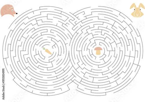 Fun and engaging children's double maze in the shape of two intersecting circles. Cute bunny rabbit and a charming little hedgehog are placed at the entrances and must find their way