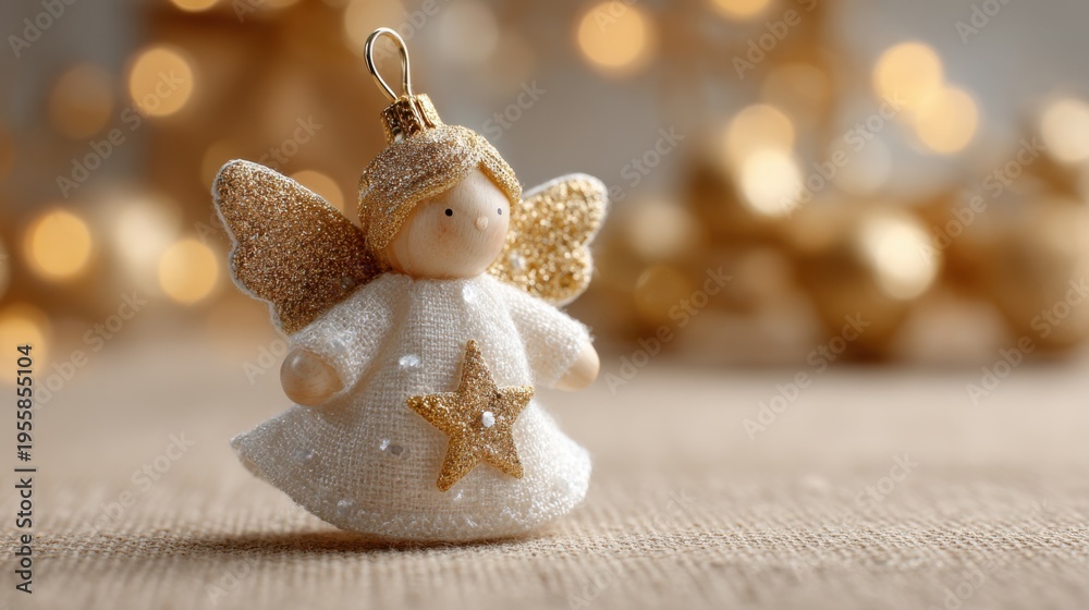 Naklejka premium Small angel ornament with star on tabletop surrounded by warm holiday bokeh lights in soft lighting