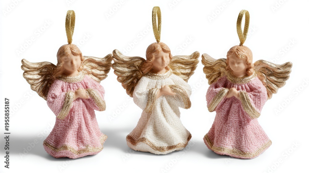 Naklejka premium Three angel ornaments in holiday catalog style on white background with soft shadows and clear details