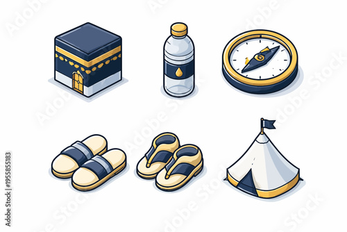Isometric icons depicting essential items for Islamic pilgrimage including Kaaba, water, compass, footwear, and a tent.