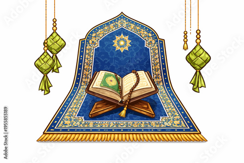 An illustration of a blue Islamic prayer rug with an open Quran on a rehal, flanked by hanging ketupat decorations, symbolizing Eid al-Fitr.