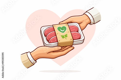 Illustration of two hands exchanging a package of fresh meat with a heart symbol, representing food donation or sharing.
