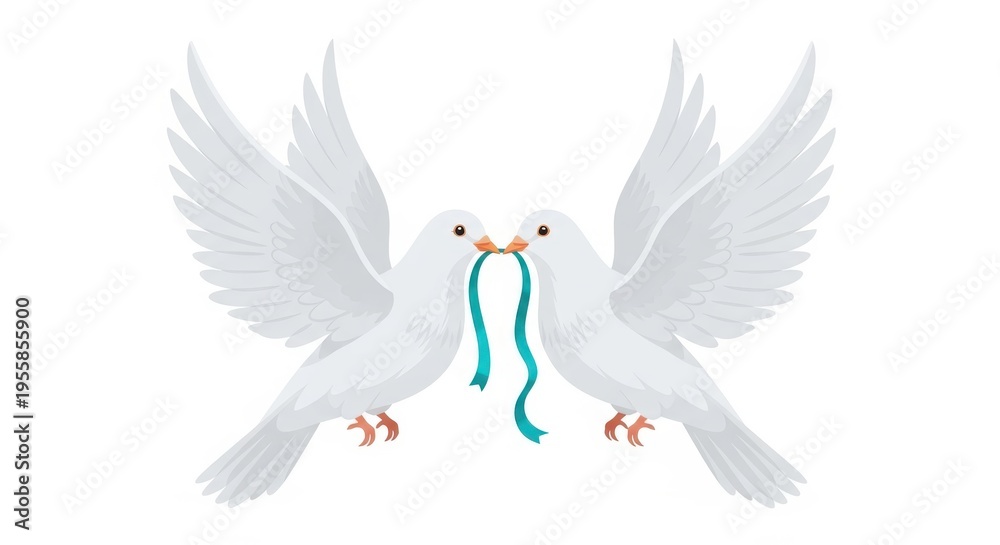 Obraz premium Two white doves holding a blue ribbon in their beaks, wings spread wide in a symbol of peace and uni