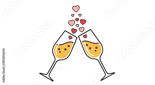 a cartoon drawing of two glasses of champagne with hearts coming out celebration champagne close up