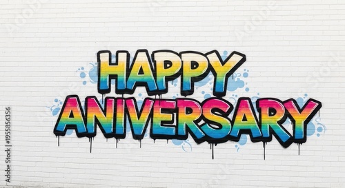 A colorful graffiti style sign that reads Happy Anniversary on a white background with blue splatter