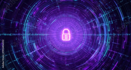 a digital lock surrounded by purple and blue holographic lines, symbolizing the security of cyber protection in virtual space the background is a dark gradient with hints of indigo Generative AI