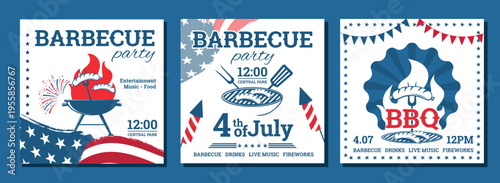 4th of July barbecue party social media posts or flyers templates set. Summer barbecue picnic invitation. BBQ vector illustration with sausages, food, national decorative elements for celebration.