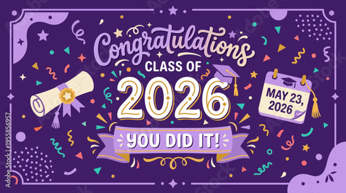 Colorful celebration greeting card for graduates of 2026 with confetti and cheerful design elements