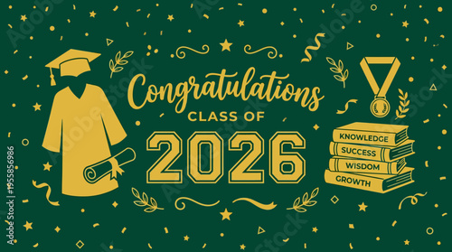Celebratory graduation announcement recognizing the achievements of the class of 2026 with medals and scholarly symbols