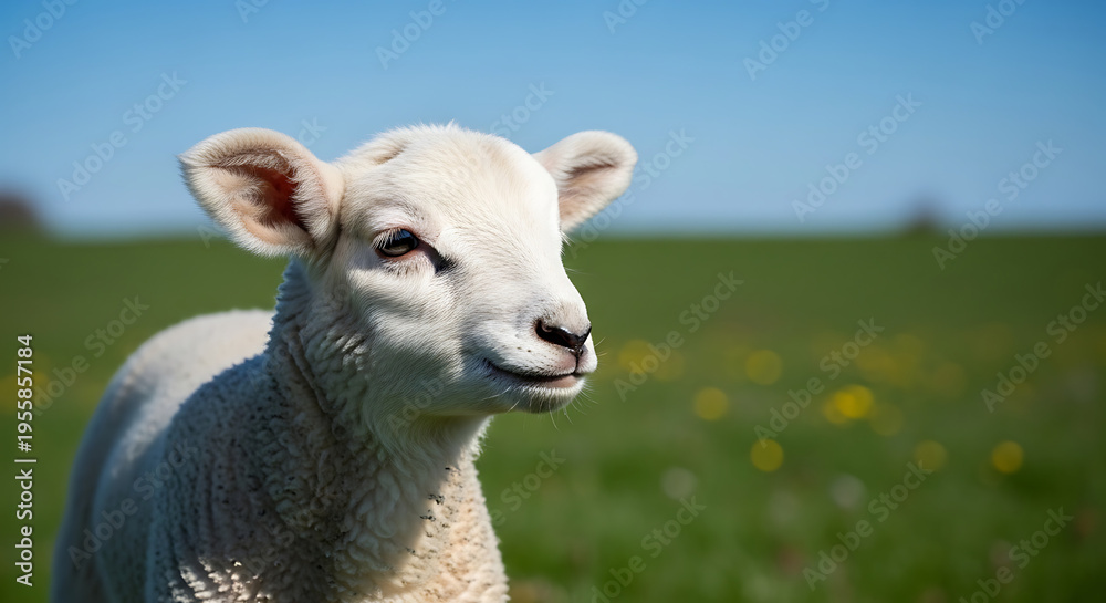 Obraz premium Adorable lamb grazing in green field under blue sky with sunlight shining. Young sheep enjoying fresh grass in vibrant meadow, symbolizing spring and renewal. Perfect for calendar design.