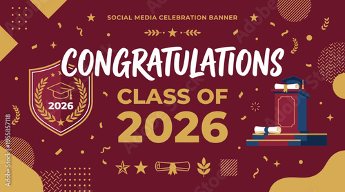 Creative celebration banner recognizing graduation achievements with decorative elements and academic symbols for the class of