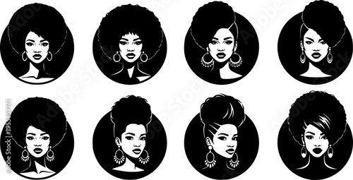 Set of Round silhouette vector cameo of a black woman with an afro hairstyle and earrings
 on white background