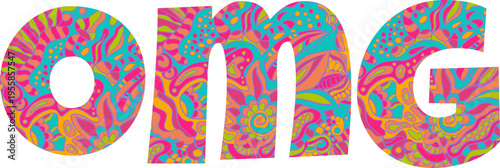 OMG colorful typography, playful doodle text, bold lettering, vector illustration, isolated