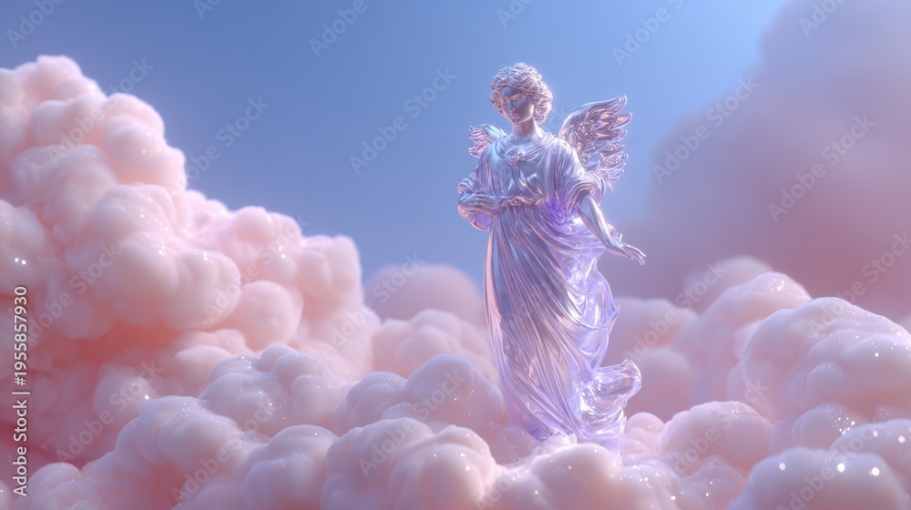 Naklejka premium Blue glowing angelic statue in dreamy cloudscape with sparkling mist and radiant light during a mystical moment