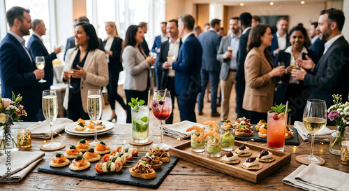 Business people networking and enjoying appetizers at a reception  