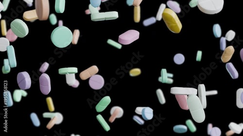Assorted pills, capsules and tablets falling downward in endless loop. Medical animation with alpha channel isolated on transparent background for healthcare and pharmaceutical use.