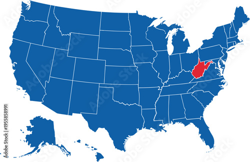 Εκτύπωση καμβά USA Map with West Virginia Highlighted in Red - Vector Illustration