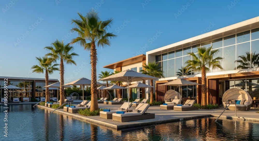 Fototapeta premium Luxury resort with pool, palm trees, and modern architecture under a clear blue sky.