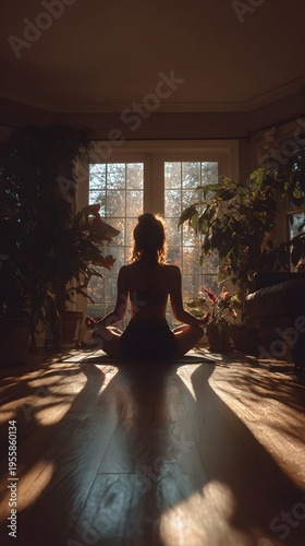 Meditation practice in sunlit room indoor setting silhouette relaxation peaceful atmosphere