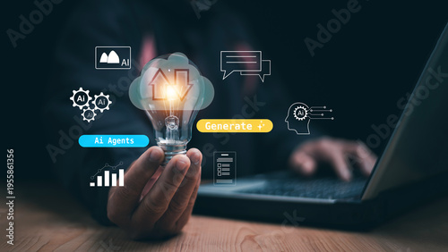 Generative AI innovation concept. Hand holding glowing light bulb and cloud computing overlay. AI agents, automation, creative thinking, smart technology and future digital transformation.