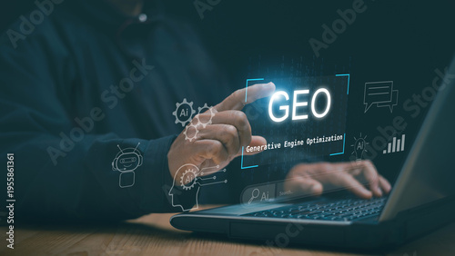 Generative Engine Optimization (GEO) concept. AI-powered search interface on laptop. Next-generation SEO, AI search engines, data-driven and digital strategy in the era of artificial intelligence.