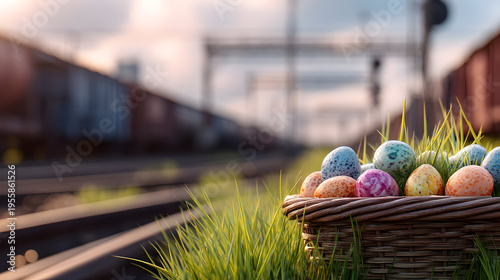 Easter basket with colorful eggs on spring grass at a railway yard, tracks and freight cars behind, warm morning sunlight, bright seasonal transportation scene.