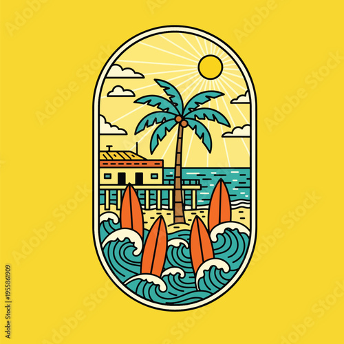 Summer Beach Day Vector Art: Surfboards in Ocean Waves with Palm Tree and Pier