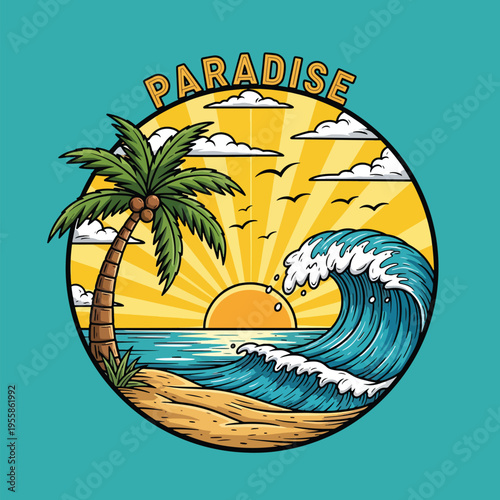 Vibrant vector illustration of a tropical beach sunset with a palm tree and crashing ocean wave, perfect for summer.