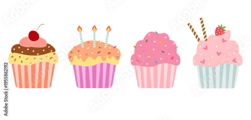 Vector set of isolated hand drawn vintage style cute cupcakes on transparent background - Birthday cupcakes with cherry, strawberry, cream, frosting, chocolate, and sprinkles.