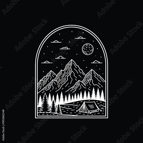 Night camping adventure graphic with mountains, forest, tent, and starry sky