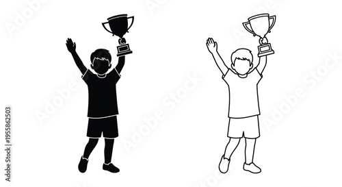 Celebrating victory a young boy raises a trophy black silhouette